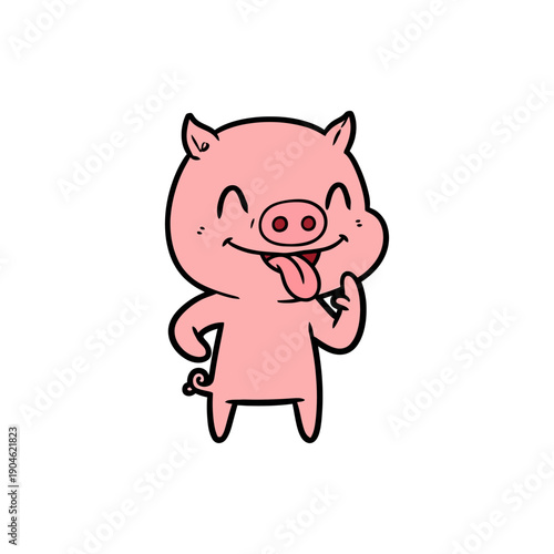 Happy cartoon pig with tongue sticking out, standing and smiling cheerfully on a white background.