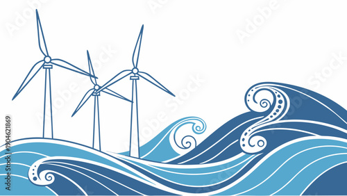 A vector graphic illustration of wind turbines standing on wavy ocean water, symbolizing renewable energy and sustainability.