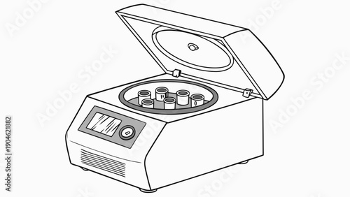 A laboratory centrifuge with an open lid and multiple tubes inside