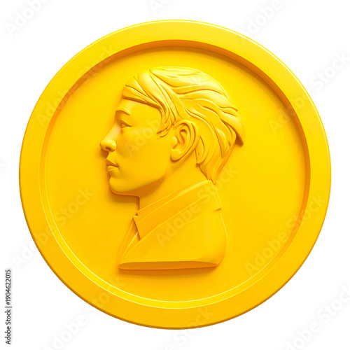 Golden coin featuring a side profile of a person, rendered in a minimalist style