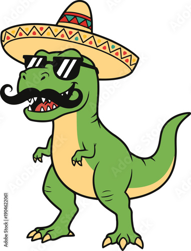 Cool Cinco De Mayo Dinosaur Character Vector with Mexican Sombrero Sunglasses and Fun Cartoon Style