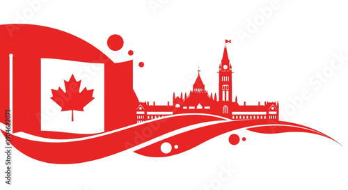 Canada Parliament Building Silhouette with Maple Leaf Flag