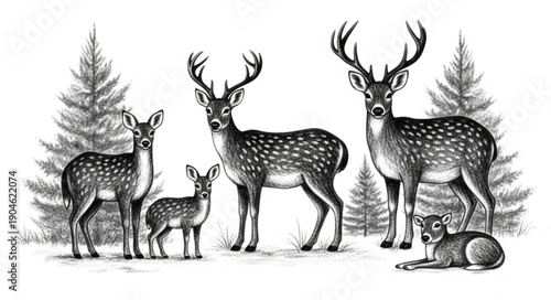 Family of Deer Standing in Snowy Forest Landscape Illustration.