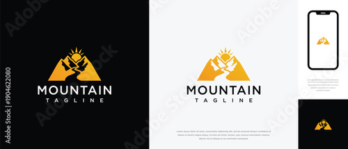 Mountain Logo with Sun and River , Adventure Nature Travel.