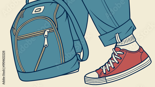 A person wearing red sneakers and carrying a blue backpack in a modern illustration style