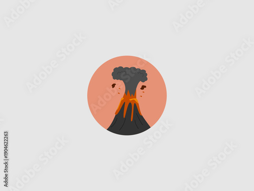 An illustration of a volcano erupting with orange lava flowing down its slopes and a plume of dark smoke rising