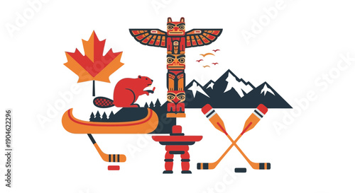 Canada Icons: Maple Leaf, Beaver, Totem, Hockey, Canoe, Mountains