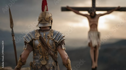 Roman centurion standing before Jesus on the cross. Dramatic biblical crucifixion scene at sunset with ancient armor, spear, and rugged hillside. Historical religious reenactment for faith and