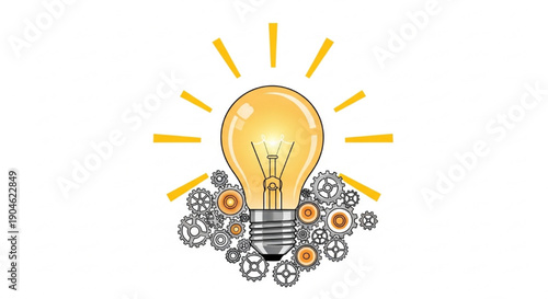 Vector Light Bulb with Glowing Filament and Mechanical Gears, Eureka Concept