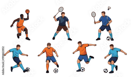 Vector illustration of athletes playing basketball, soccer, and badminton