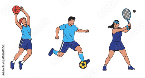 Illustration of Athletes Playing Basketball, Soccer, and Tennis
