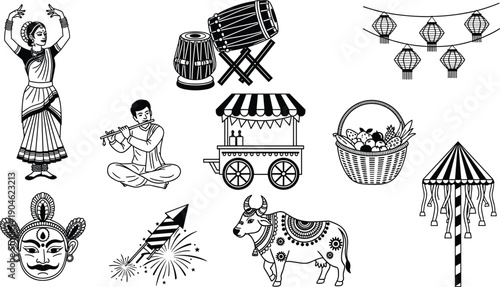 Indian festival cultural elements set with classical dancer, musicians, cow, fireworks, lanterns, street cart, tent, and traditional symbols vector illustration