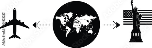 International air travel concept showing global flight routes connecting world map to United States tourism destination silhouette illustration vector design icon