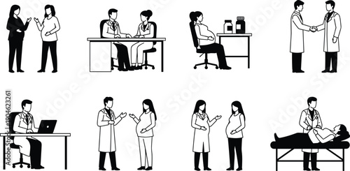 Medical consultation silhouette illustration set showing doctors patients pregnancy checkup diagnosis treatment healthcare scenes isolated on white background