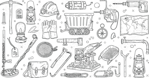 Mining equipment and exploration tools illustration showing excavation safety gear machinery and accessories collection hand drawn vintage vector black white design