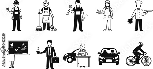 Professional occupations people icons set showing workers service jobs transportation education cooking business lifestyle in clean black white vector style