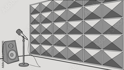 A minimalist vector graphic of a microphone and speaker in front of a soundproofing wall