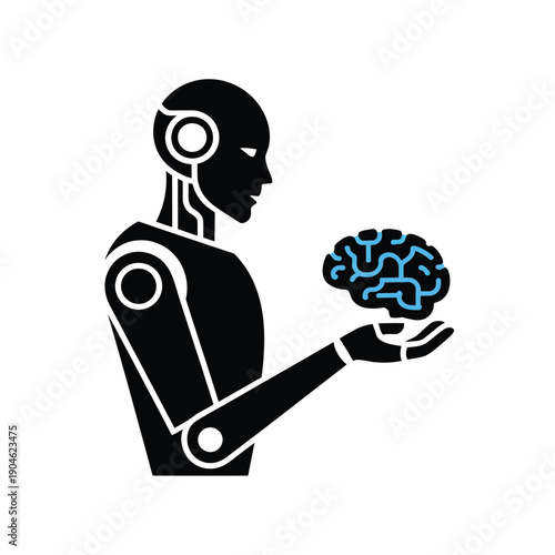 Black robot holding a blue brain android artificial intelligence