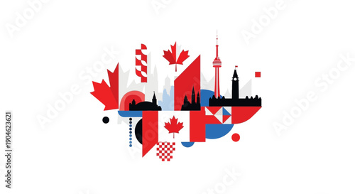 Canada Day Cityscape Collage with Maple Leafs and Flag