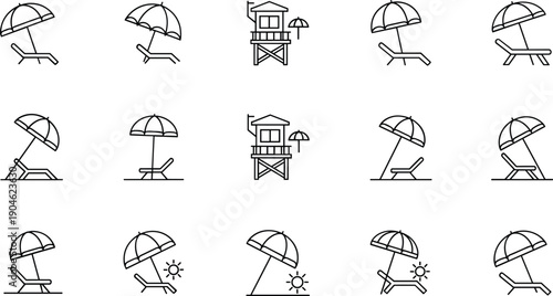 Beach Umbrella and Lifeguard Tower Outline Icon Set Featuring Summer Vacation, Seaside Relaxation, Coastal Safety, and Outdoor Leisure Symbols for Travel Design