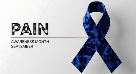 blue awareness ribbon with pain awareness month september text symbolizing support for chronic pain and invisible illness advocacy.
