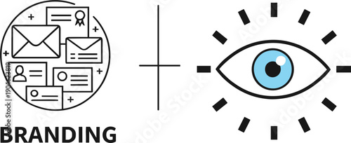 Branding and Visual Identity Concept Illustration with Marketing Elements and Eye Symbol Representing Brand Awareness, Recognition, Visibility, and Digital Strategy Design