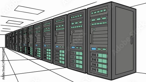 A vector graphic illustration of a row of server racks in a data center with a white tiled floor and ceiling