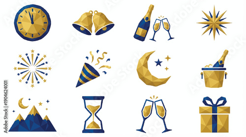 A collection of geometric, low-poly icons. These icons represent various celebratory and festive elements 