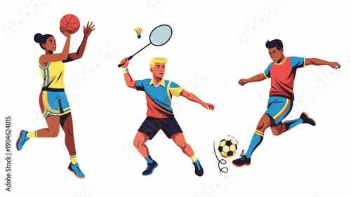 Dynamic athletes playing basketball, badminton, and soccer in vibrant vector style