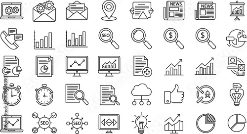 Business and Marketing Outline Icon Set Featuring Analytics, SEO, Finance, Communication, Strategy, Growth, and Digital Management Symbols for Web and App Design