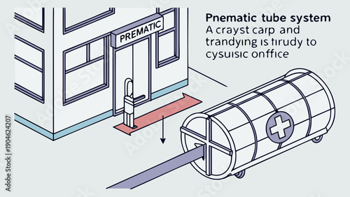 A vector graphic illustration of a pneumatic tube system for transporting medical supplies to an office