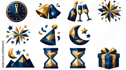A collection of geometric, low-poly icons. These icons represent various celebratory and festive elements 
