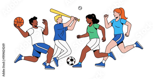 Diverse group of athletes playing various sports in vector illustration