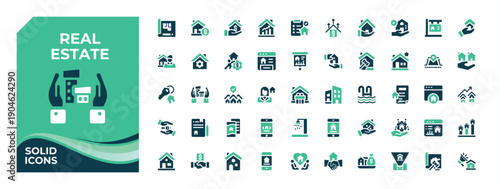 Real Estate colorful vector solid icon set. Contain filled symbols apartment, estate, building, construction, house. Editable vector art and illustration.