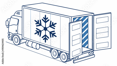 A blue line drawing of a refrigerated truck with a snowflake on the side, parked on a flat surface.
