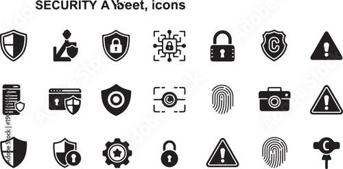 Collection of various security and protection icons including shields, locks, fingerprints, and caution symbols for digital and physical safety applications