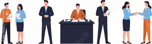 Business People Working Together Illustration Set Showing Office Collaboration, Meetings, Team Communication, Professional Workflow, and Corporate Interaction Concepts