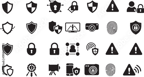 Collection of Security Icons Shields, Locks, Cameras, Fingerprints, and Alerts for Digital and Physical Protection