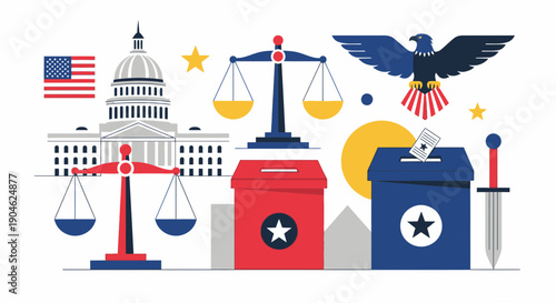 American Democracy Concept: Voting, Justice, and Government Buildings