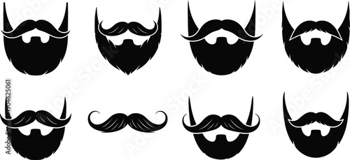 Vintage beard and mustache styles collection showing masculine facial hair icons silhouette set for barber branding logo design vector black white