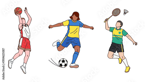 Illustration of Diverse Athletes Playing Basketball, Soccer, and Badminton