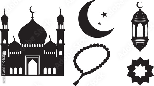 Islamic silhouette icons including mosque crescent moon lantern rosary and star