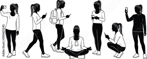Young woman smartphone usage silhouettes illustration set showing walking texting selfie meditation modern digital lifestyle in clean black white vector style