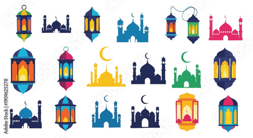 Colorful Ramadan Lanterns and Mosque Icon Set. Arabic Islamic Vector Graphics Collection for Celebrations.