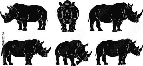 Rhinoceros silhouette collection showing different poses of wild rhino animal wildlife illustration vector black white design set