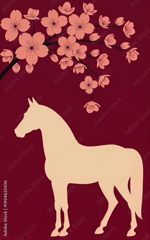 Obraz premium Pink cherry blossoms above beige horse silhouette on deep red background.