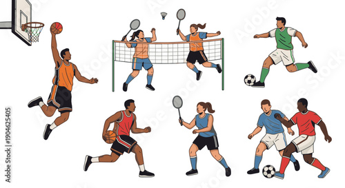 Diverse athletes playing basketball, soccer, and badminton in dynamic action