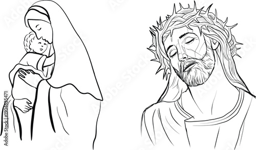 Virgin Mary and Jesus Christ sacred religious line art illustration