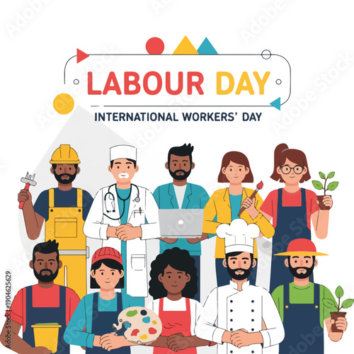 Celebratory illustration for International Workers' Day, depicting diverse professions