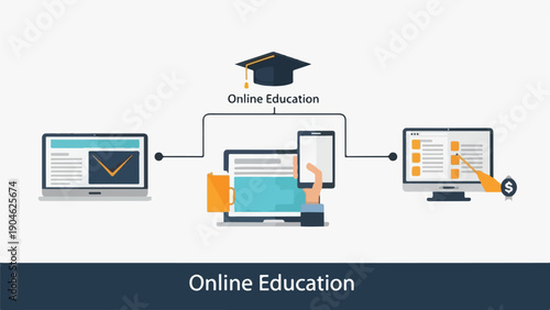 Cartoon illustration of online learning, including laptop and devices